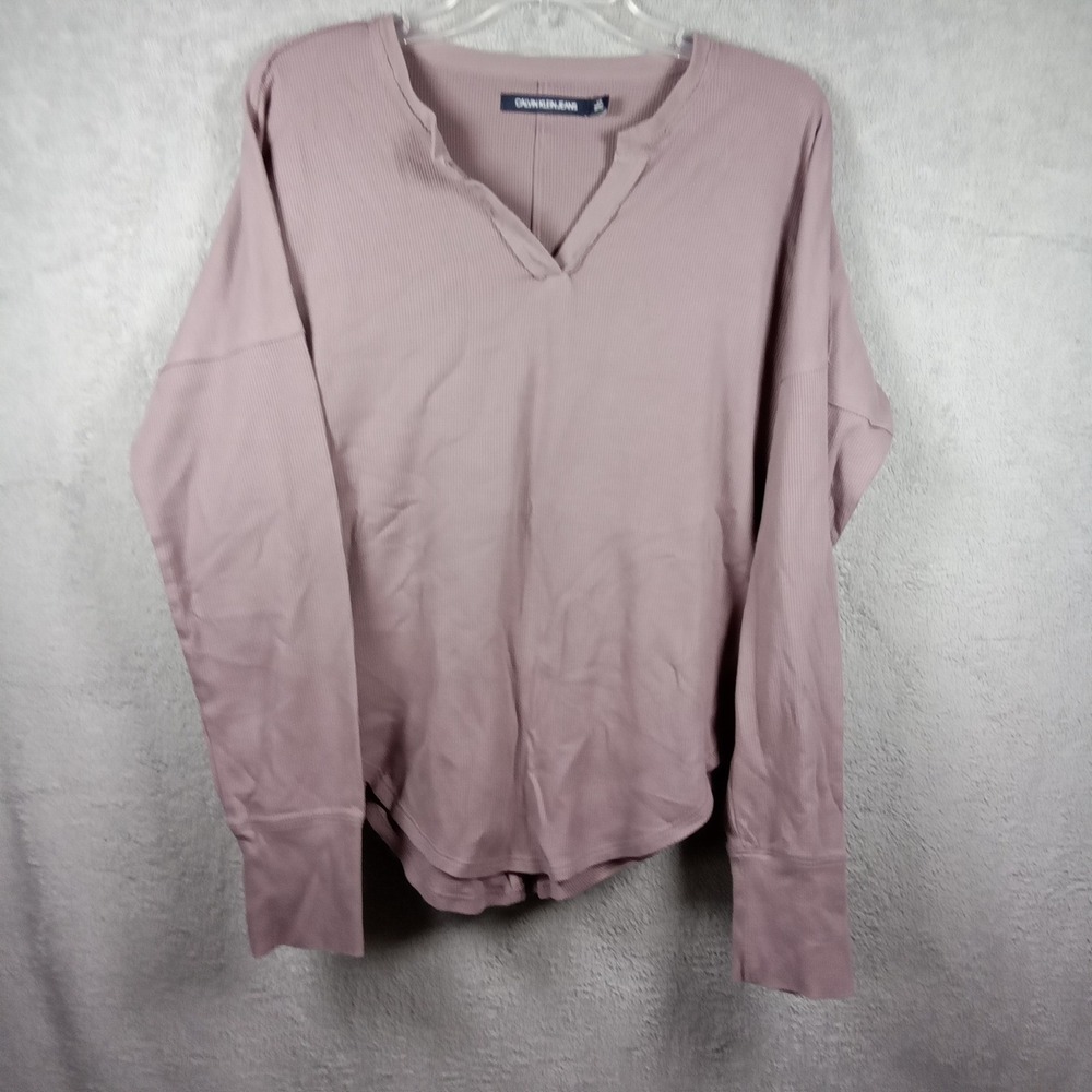 Calvin Klein Jeans Womens L Dusty Mauve Waffle Knit Thermal V-Neck Top Oversized